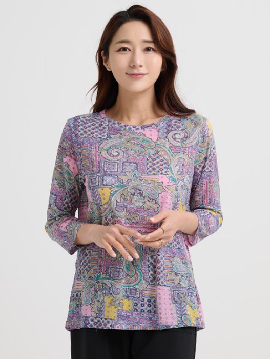 라운드 넥 나염 패턴 티셔츠 (핑크) 23BS5060B3