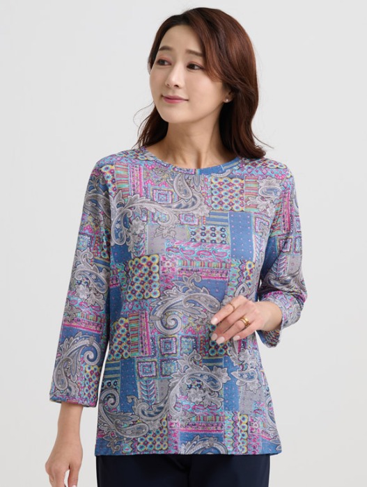 라운드 넥 나염 패턴 티셔츠 (블루) 23BS5060B3