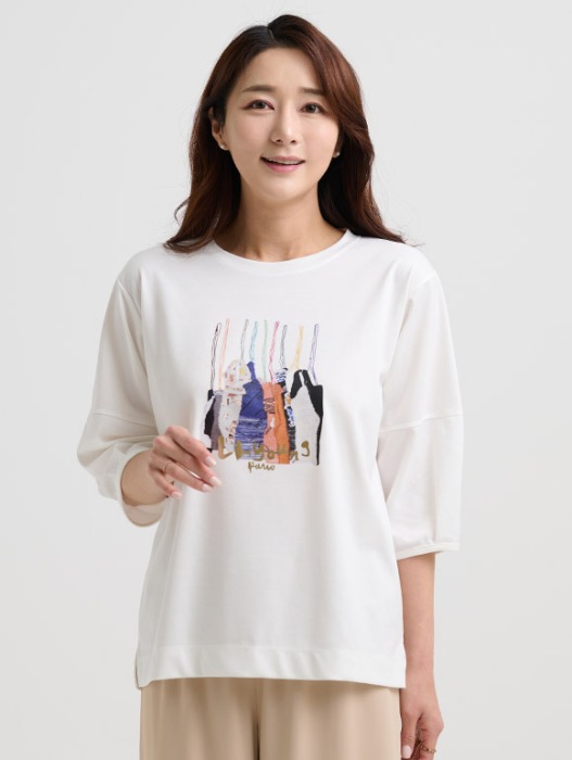 나염 프린트 7부 소매 티셔츠 (아이보리)23BS5061B3